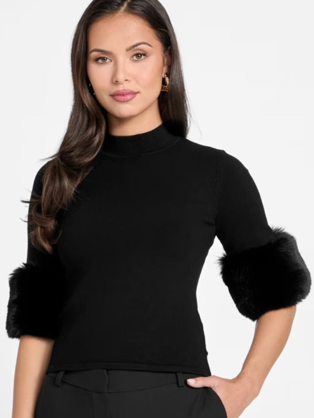 🖤 Marciano Festive Sweater Top Jet Black Faux Fur Size Medium Brand New $160